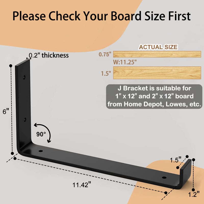 LuckIn 12 Inch Wall Shelf Brackets (Fit 11.25" Board) 6-Pack, Heavy Duty Black Iron, Garage, Kitchen, Laundry Room Floating Shelf Hardware - Image 2